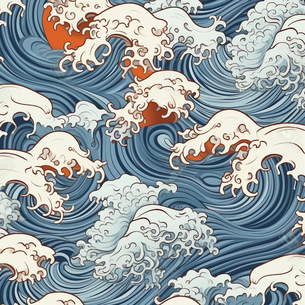 Un primo piano di un dipinto di un'onda con una barca sullo sfondo ai generativo