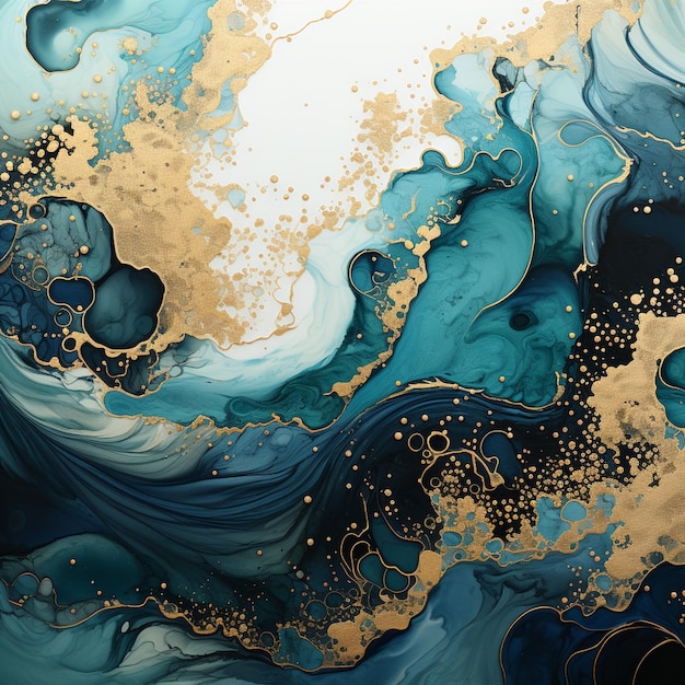 un primo piano di un dipinto di un'onda con vernice dorata e blu generativa ai