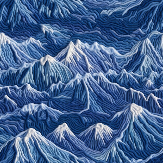 Un primo piano di un dipinto di una catena montuosa con un cielo blu ai generativo