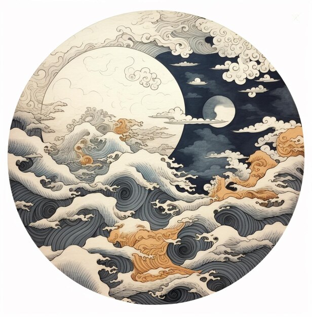 un primo piano di un dipinto di una luna e nuvole ai generative