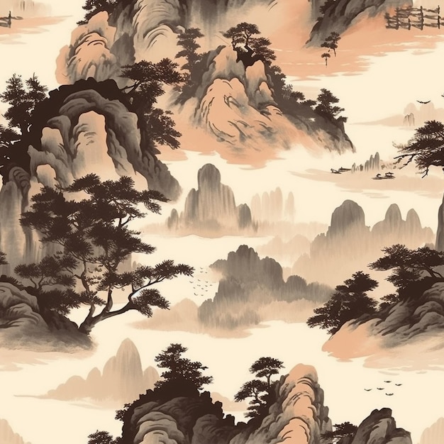 Un primo piano di un dipinto di una montagna con alberi generativi ai