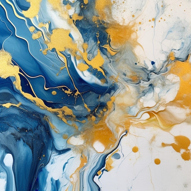 Un primo piano di un dipinto di una pittura fluida blu e gialla generativa ai