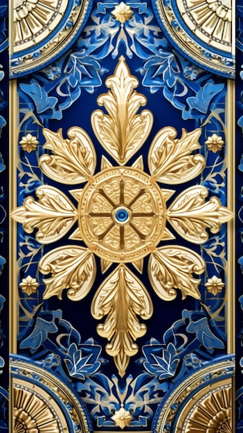 Un primo piano di un disegno decorativo oro e blu su una parete blu generativa ai