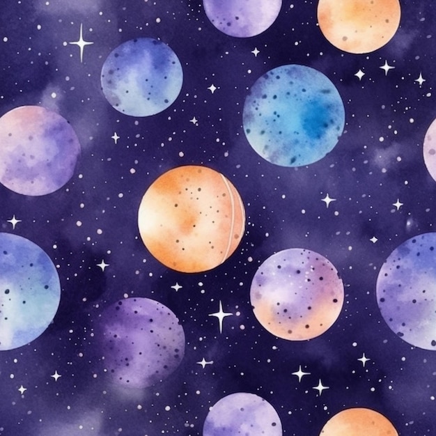 un primo piano di un disegno di pianeti e stelle su uno sfondo viola ai generativo