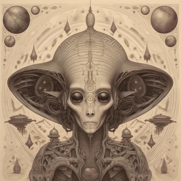 Un primo piano di un disegno di un alieno con una grande testa generativa ai