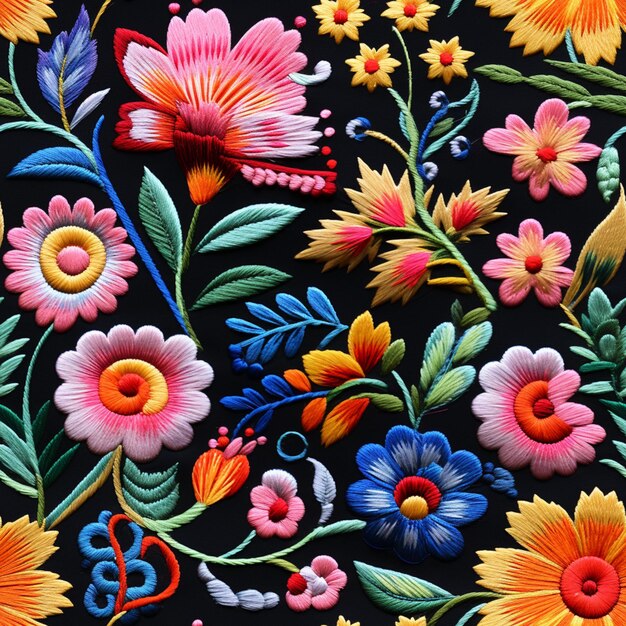 un primo piano di un disegno floreale colorato su sfondo nero ai generativa