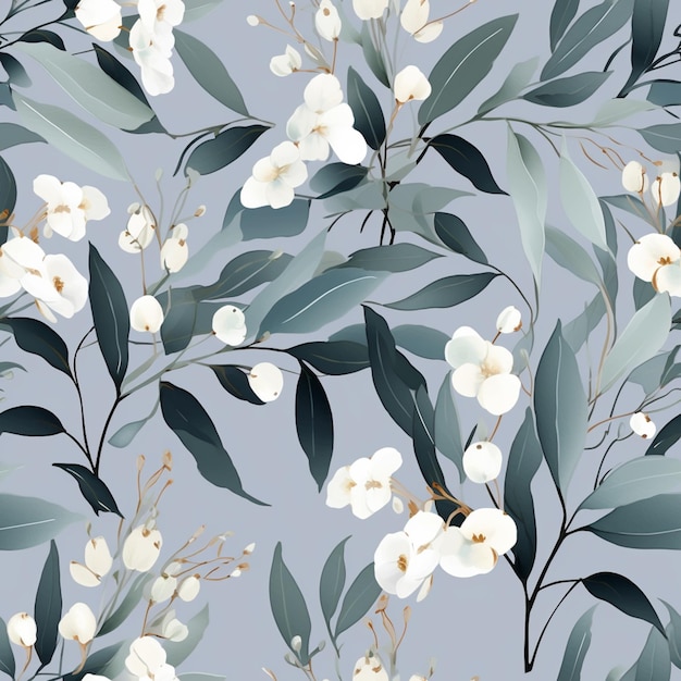 Un primo piano di un disegno floreale con fiori bianchi e foglie verdi