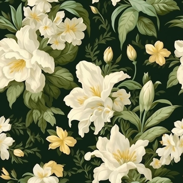 Un primo piano di un disegno floreale con fiori bianchi su uno sfondo nero