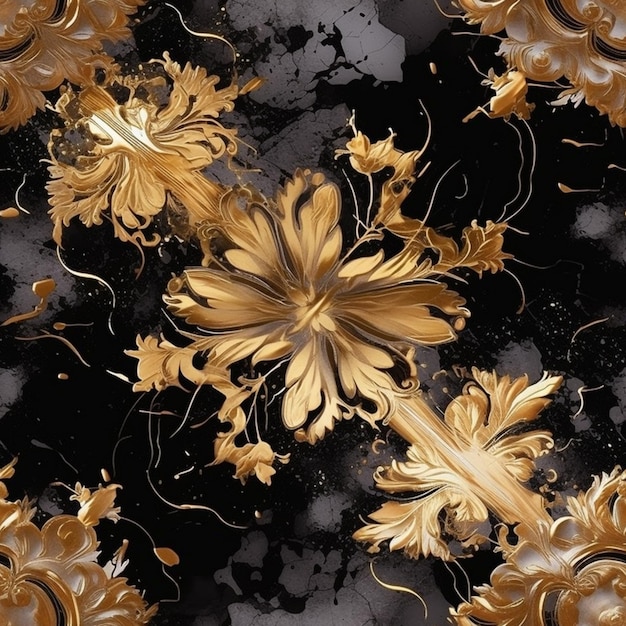 Un primo piano di un disegno floreale nero e oro con foglie d'oro generative ai