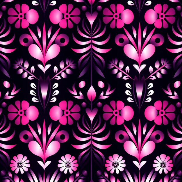 un primo piano di un disegno floreale rosa e nero su uno sfondo nero generativo ai