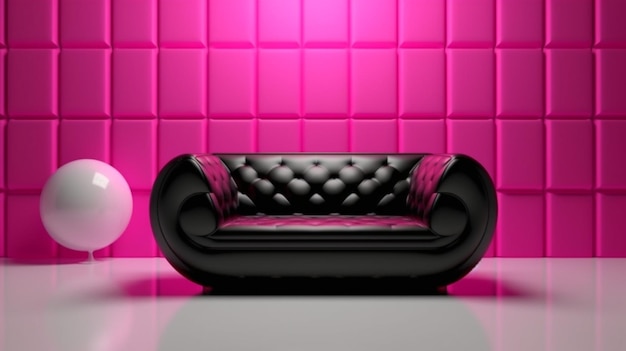 un primo piano di un divano in una stanza con una parete rosa generativa ai