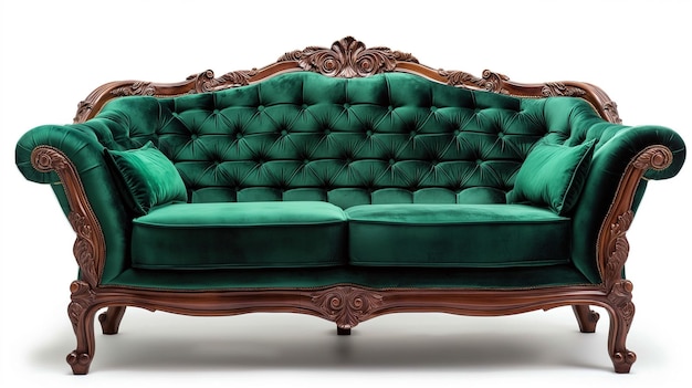 un primo piano di un divano verde con una cornice di legno generativa ai