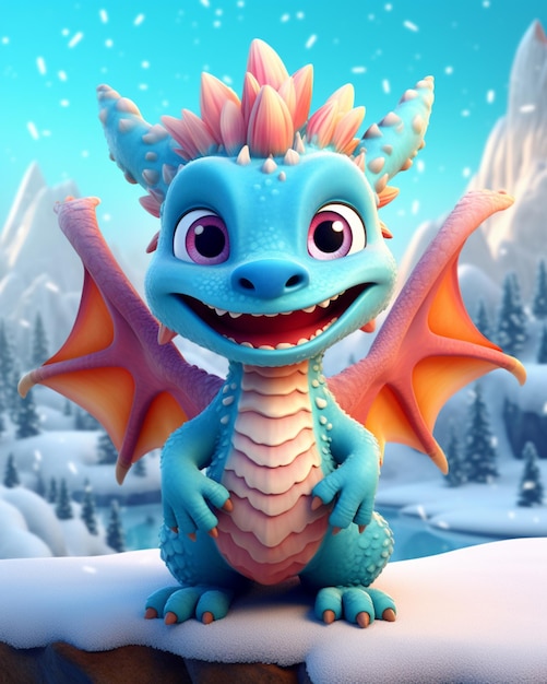 Un primo piano di un drago cartone animato con uno sfondo nevoso generativo ai