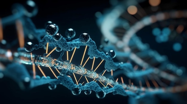Un primo piano di un filamento di DNA con gocce d'acqua su di esso