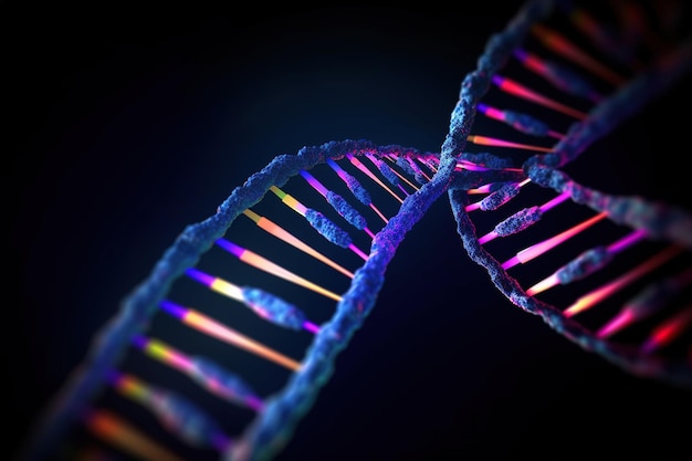 Un primo piano di un filamento di DNA con i colori dell'arcobaleno.