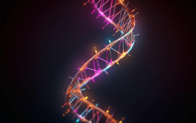 Un primo piano di un filamento di DNA con luci colorate