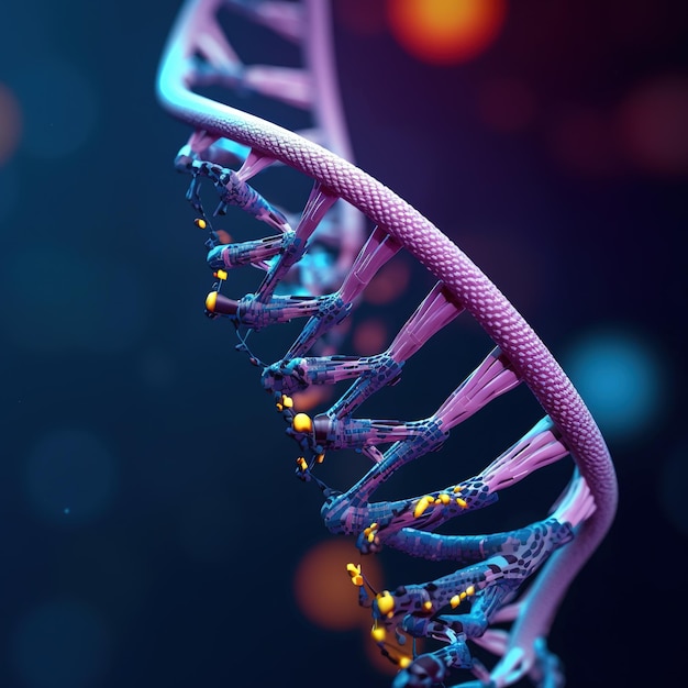 Un primo piano di un filamento di DNA con uno sfondo blu e uno sfondo blu.