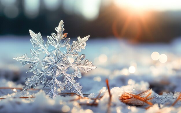 Un primo piano di un fiocco di neve a terra