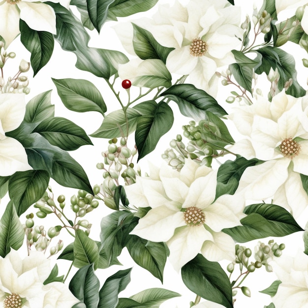 Un primo piano di un fiore bianco con foglie verdi e bacche generative ai