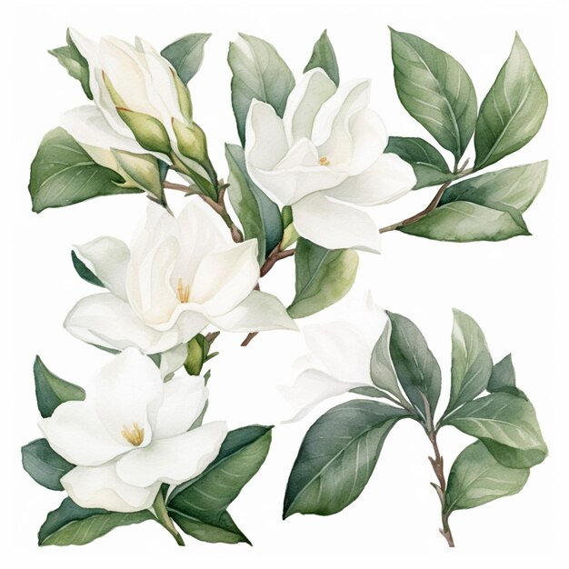 un primo piano di un fiore con foglie su sfondo bianco ai generativa