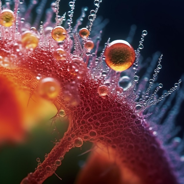 un primo piano di un fiore con gocce d'acqua su di esso