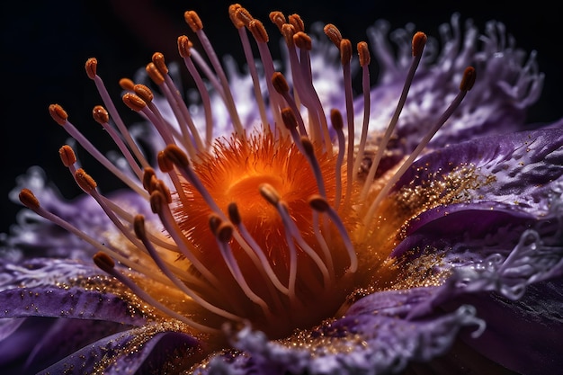 Un primo piano di un fiore con il centro viola