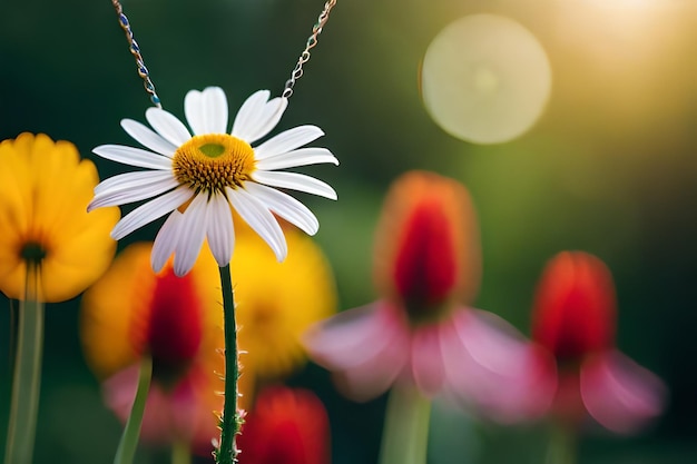 un primo piano di un fiore con il sole che splende dietro di esso