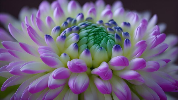 Un primo piano di un fiore con petali viola e verdi
