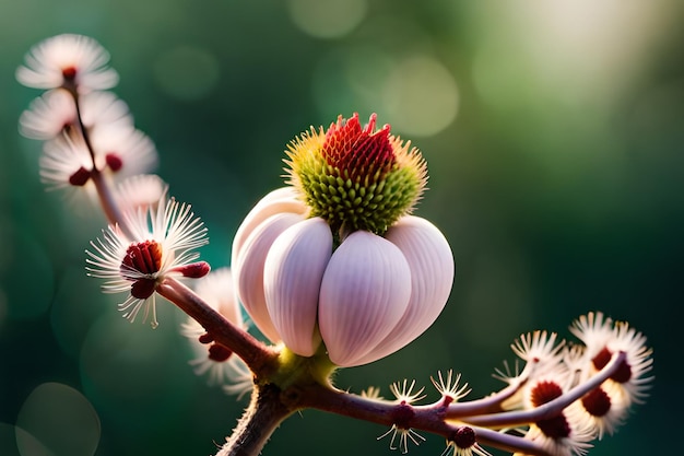 Un primo piano di un fiore con un bocciolo che ha una punta rossa.