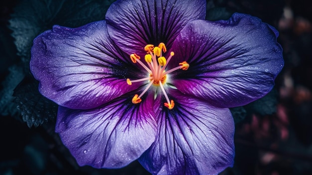 Un primo piano di un fiore con un centro viola