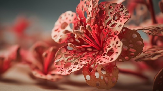 Un primo piano di un fiore di carta rosso con buchi