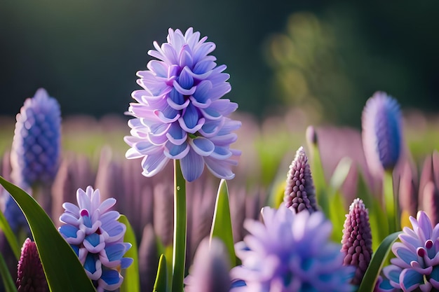 Un primo piano di un fiore di giacinto viola in un campo