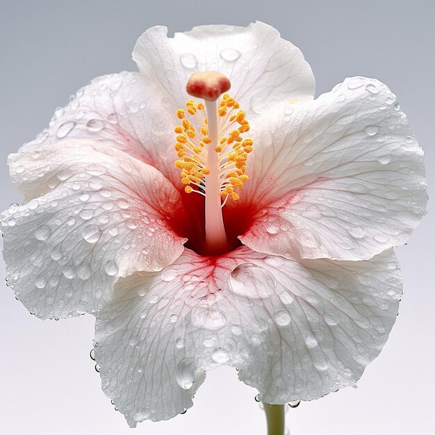 Un primo piano di un fiore di ibisco con gocce d'acqua su di esso Immagine generativa AI