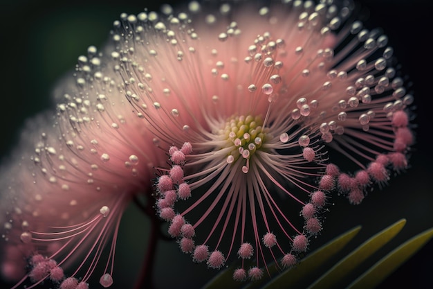 Un primo piano di un fiore di mimosa con i suoi delicati petali rosa e le gocce di rugiada sulla superficie creata con