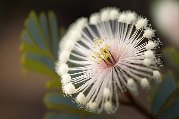 Un primo piano di un fiore di mimosa con i suoi soffici petali bianchi e delicati centri rosa creati con gen