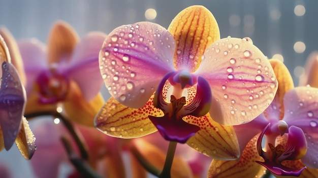 Un primo piano di un fiore di orchidea con gocce d'acqua su di esso