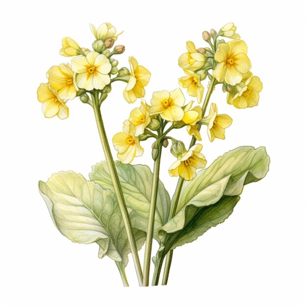 un primo piano di un fiore giallo con foglie verdi su sfondo bianco ai generativa