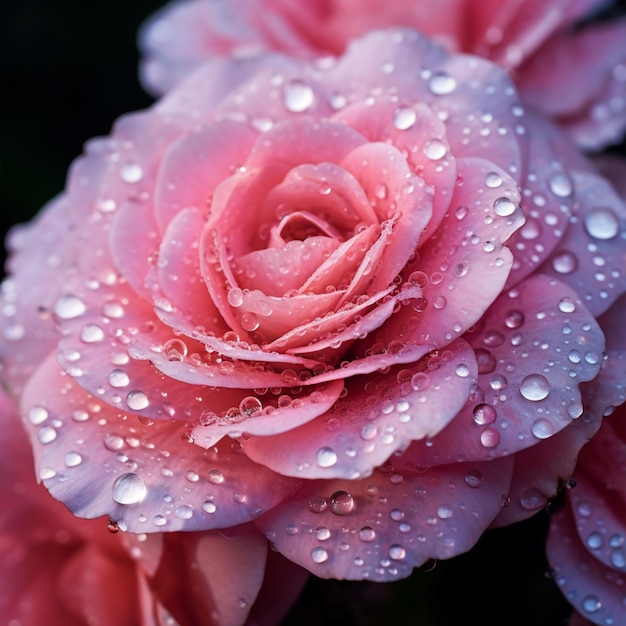 Un primo piano di un fiore rosa con gocce d'acqua su di esso