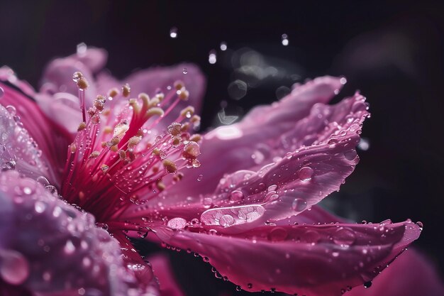 Un primo piano di un fiore rosa con gocce di pioggia su di esso