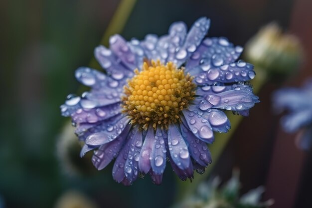 Un primo piano di un fiore viola con gocce d'acqua su di esso