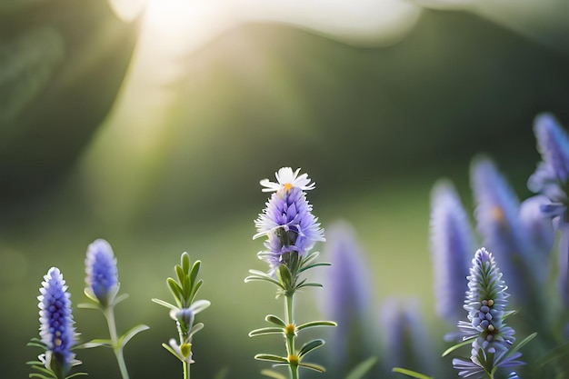 un primo piano di un fiore viola con il sole che splende attraverso lo sfondo.