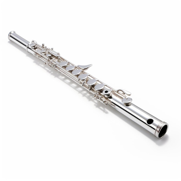 un primo piano di un flauto con un corpo d'argento e un ai generativo di corpo d' argento