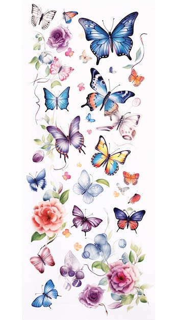 un primo piano di un foglio di farfalle e fiori ad acquerello
