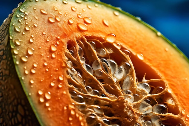 Un primo piano di un frutto di melone con gocce d'acqua su di esso