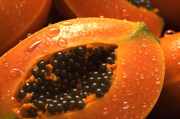 Un primo piano di un frutto di papaya con i semi dell'arancia.