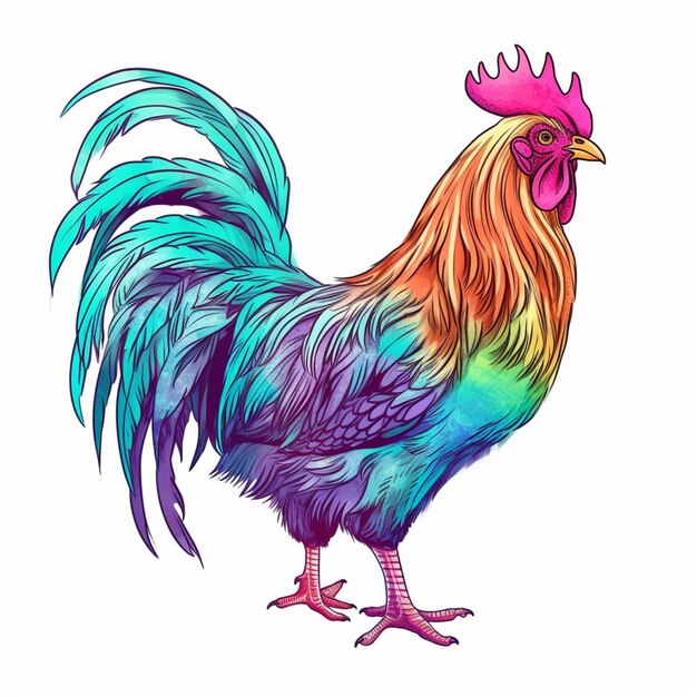 un primo piano di un gallo colorato in piedi su una superficie bianca