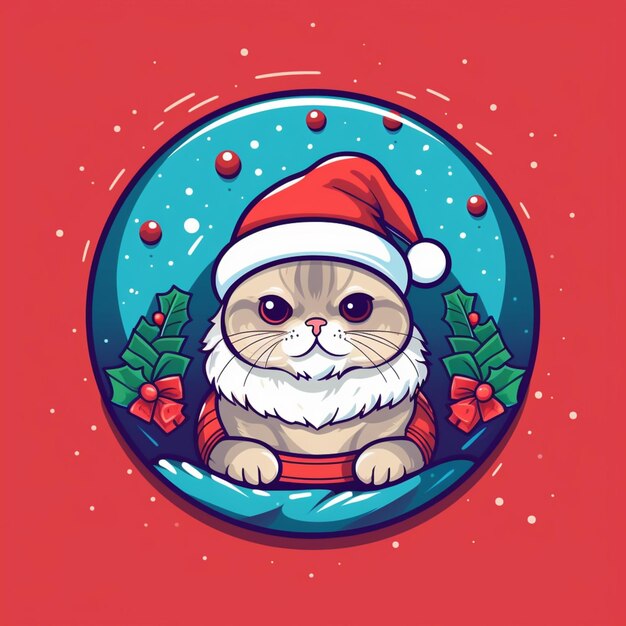 un primo piano di un gatto che indossa un cappello di Babbo Natale e seduto in un cerchio generativo ai