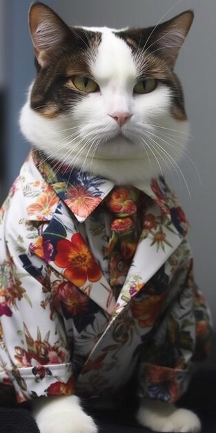 Un primo piano di un gatto che indossa una camicia e una cravatta