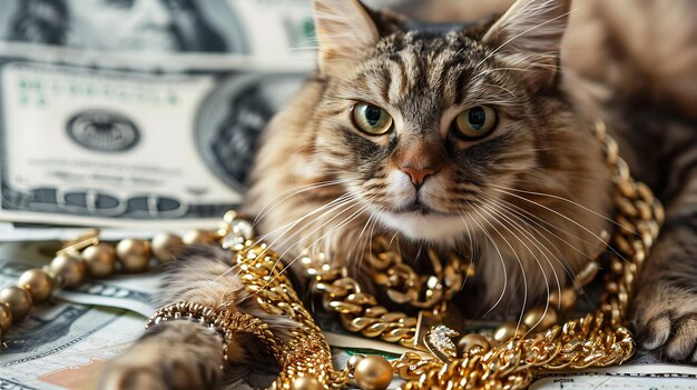Un primo piano di un gatto che indossa una collana d'oro e circondato da soldi Il gatto sta guardando la telecamera con un'espressione curiosa