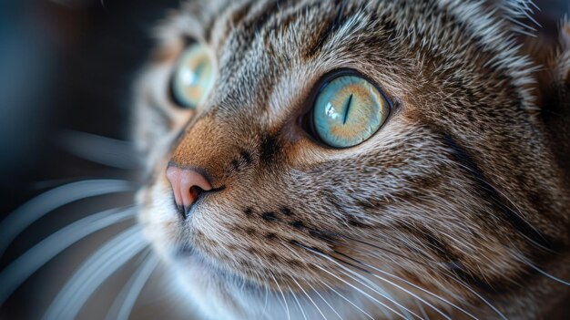 Un primo piano di un gatto con gli occhi verde brillante che fissano qualcosa ai